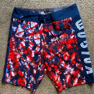 Volcom red/blue print swim shorts boys Sz 26